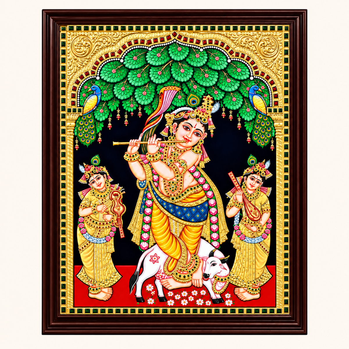 Krishna with Bama and Rukmani Tanjore Painting