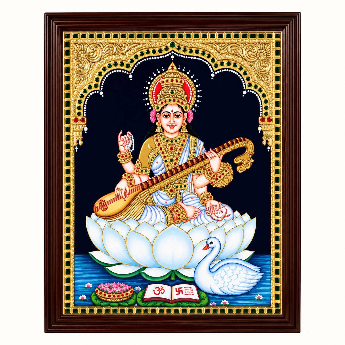 Saraswati on Lotus Tanjore Painting